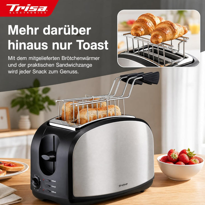Trisa Toaster 2 Scheiben - 8 Bräunungsstufen, Edelstahlgehäuse, 600W Schnellaufheizen，Toaster mit Br