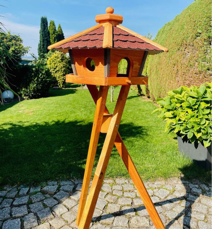 Vogel Futter Haus L oder XL Sechseck Holz Vogelhaus Futterstelle Braun/Blau, Rot, Schwarz und Grün (