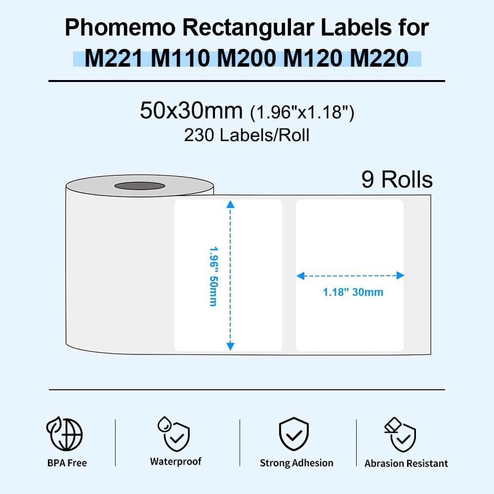 Phomemo M110/M200/M220/M221/M120 Selbstklebende Etiketten, 1.97"x1.18"(50x30mm) Thermoetiketten papi