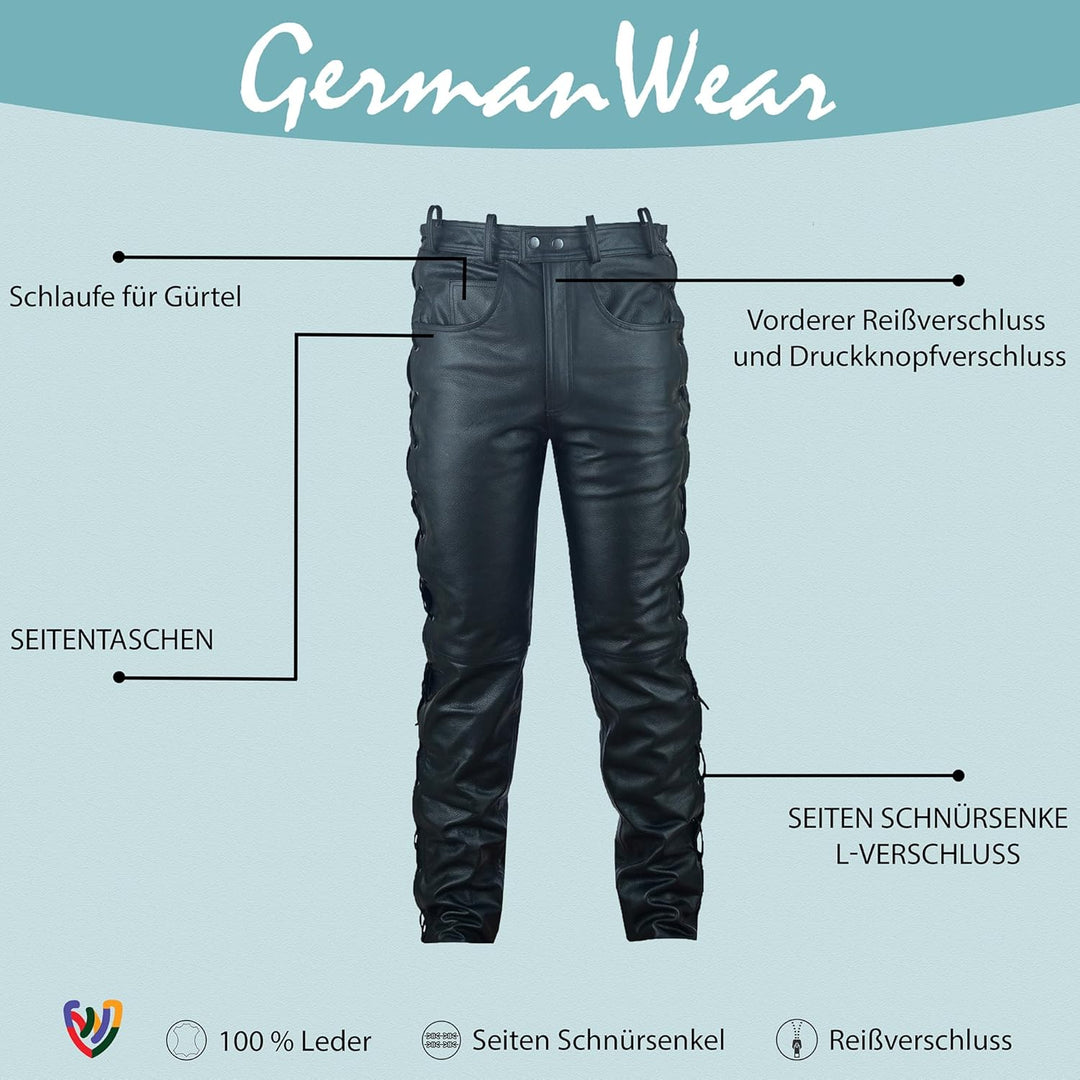 German Wear Lederhose lederjeans bikerjeans Büffelleder seitlich geschnürt Schwarz 50 Schwarz, 50 Sc