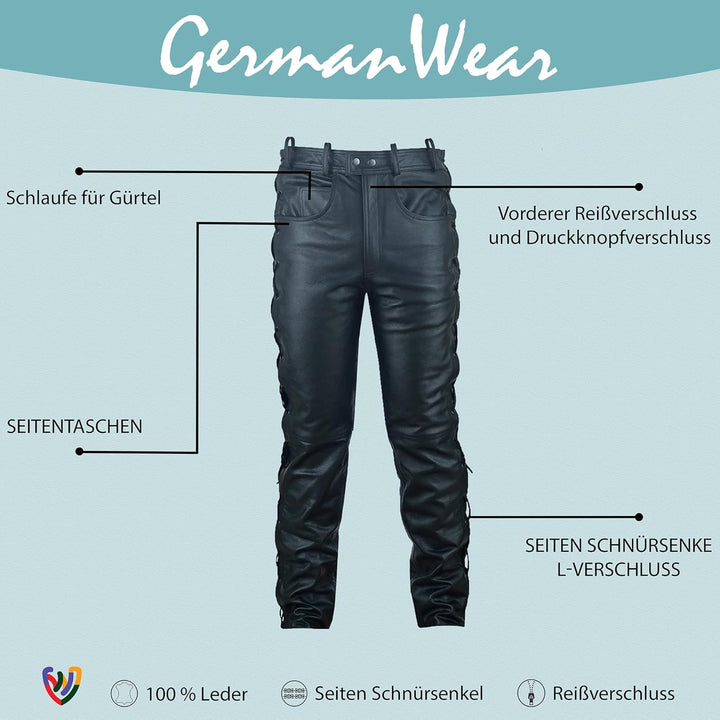 German Wear Lederhose lederjeans bikerjeans Büffelleder seitlich geschnürt Schwarz 50 Schwarz, 50 Sc