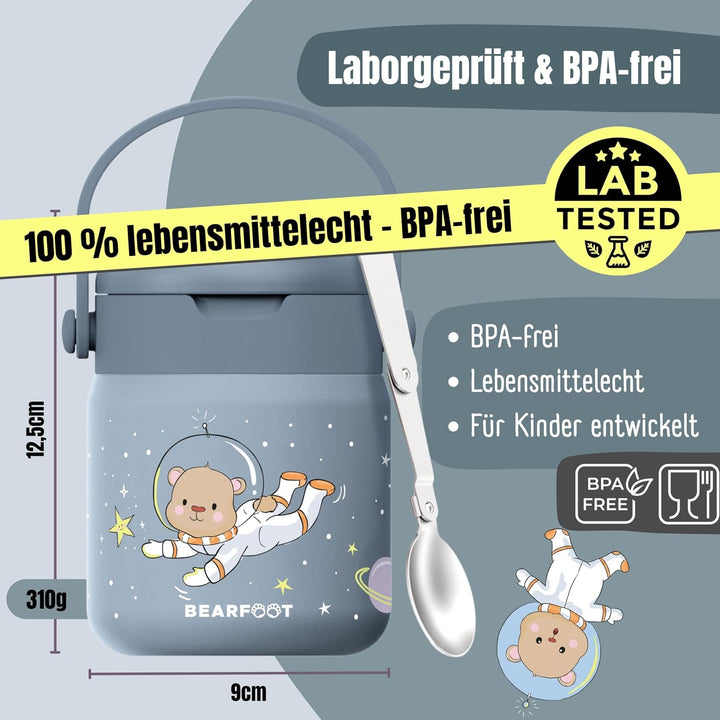 BEARFOOT Kinder Thermobehälter Edelstahl 500ml, BPA-frei (Astro Bär - Blau) | Auslaufsicher, mit fal