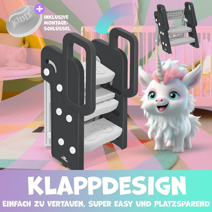 KIDIZ® Tritthocker für Kinder Trittleiter Klappbar mit 3 Stufen | Faltbarer Lern-Turm ab 18 Monaten