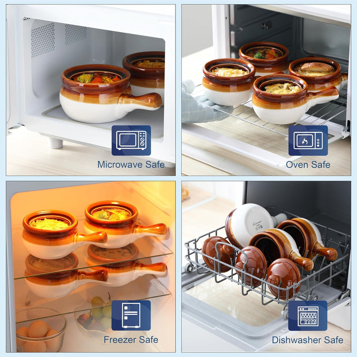 LOVECASA Französische Zwiebel, French Onion Soup Crocks, 4 Stück Steingut Zwiebelsuppe Schalen Set,