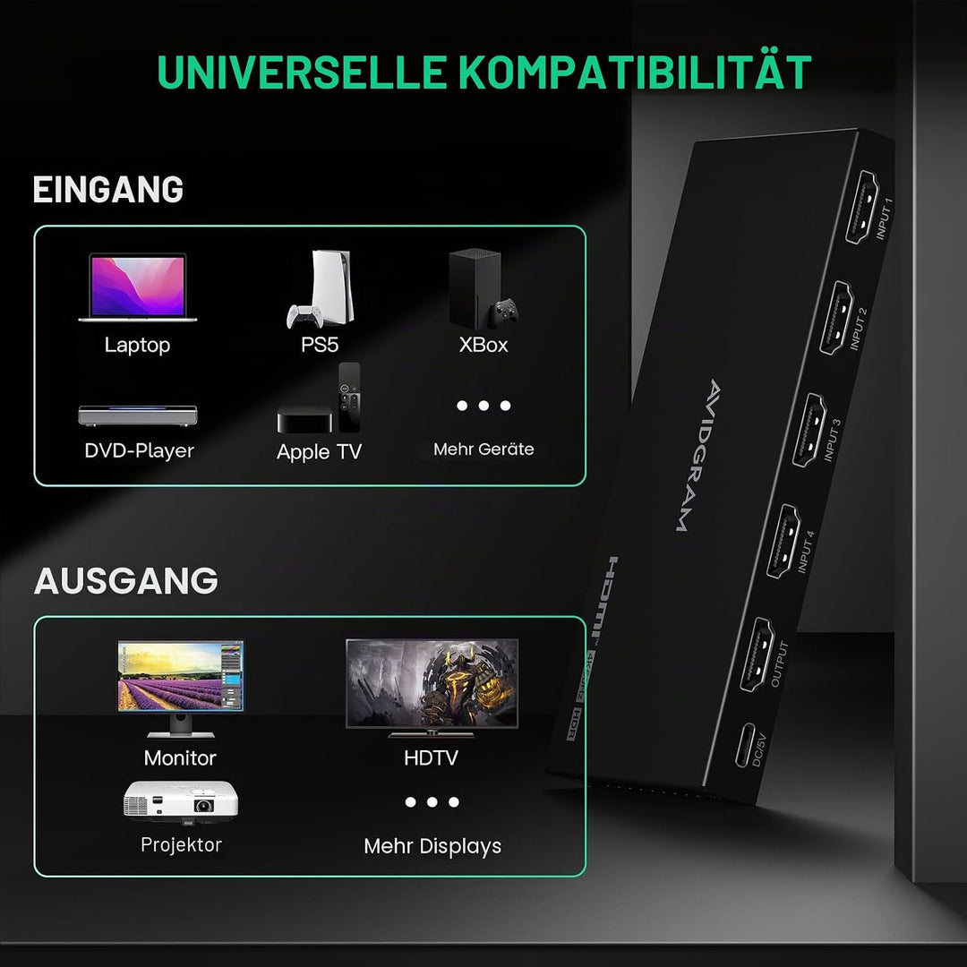HDMI Switch 4K 60Hz, AVIDGRAM HDMI 2.0 Umschalter 4 in 1 Out, 4 Port HDMI Selector Box with IR Remot