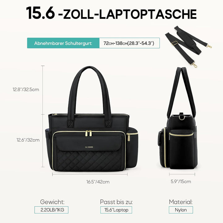 RAINSMORE Lehrertasche Damen Gross Laptoptasche, 15,6 Zoll, Schwarz | Arbeitstasche Isolierfach und