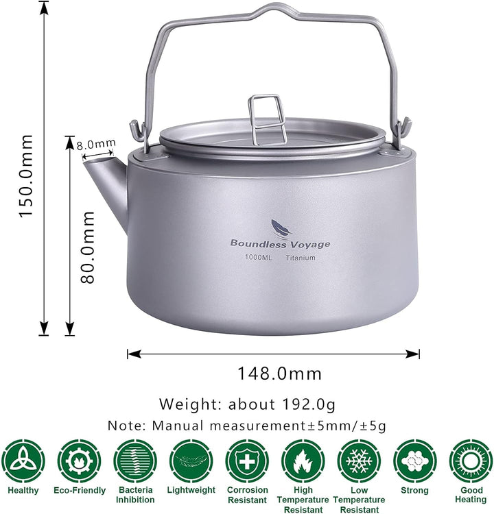 iBasingo 1L Titan Wasserkocher Camping Teekanne mit Grossem Fassungsvermögen mit Klappgriff & Filter