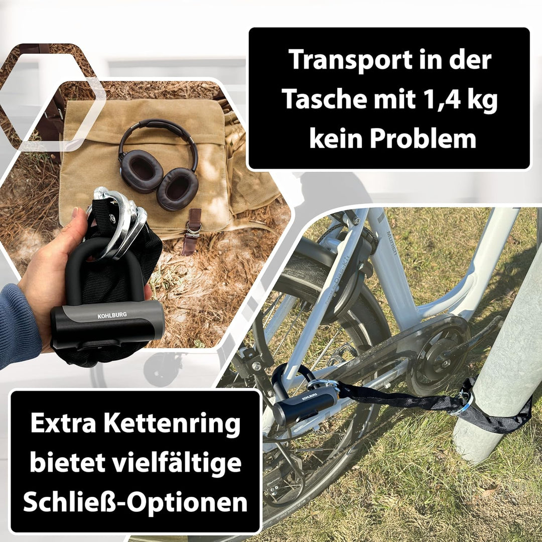 KOHLBURG Sicheres Kettenschloss [7mm starke Titan-Stahl Kette, mit extra Ring, 85cm lang] - Fahrrads