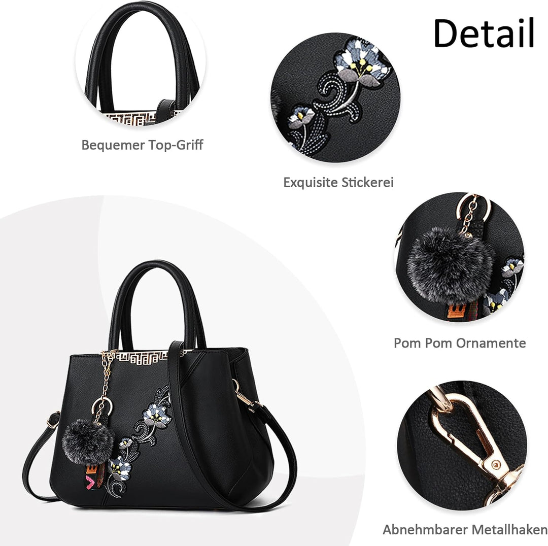 DORRISO Damen Handtasche Mode Stickdesign Schultertasche Grosse Kapazität Umhängetasche Casual Reise
