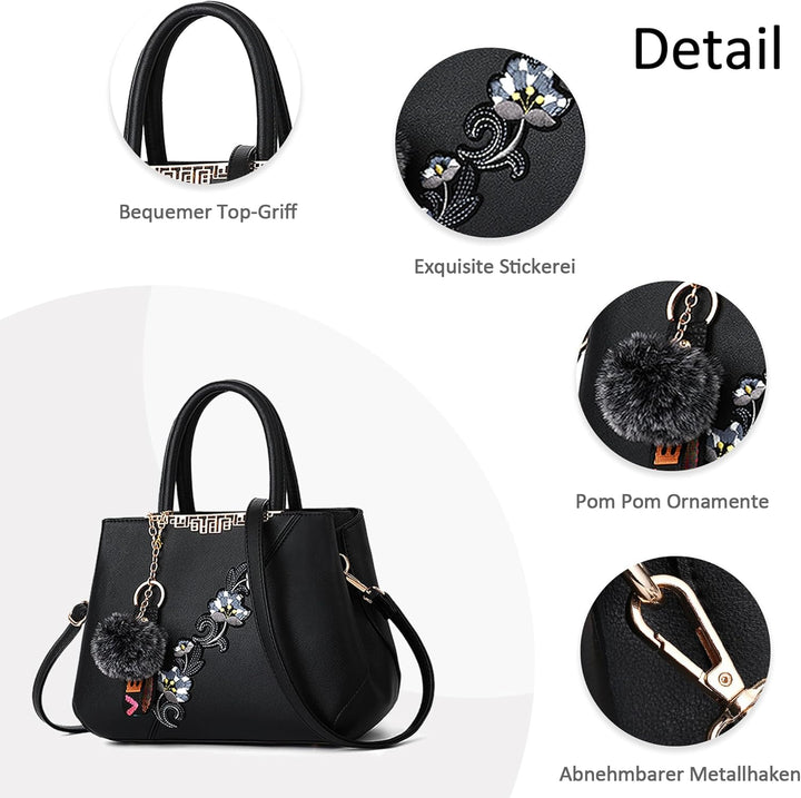 DORRISO Damen Handtasche Mode Stickdesign Schultertasche Grosse Kapazität Umhängetasche Casual Reise