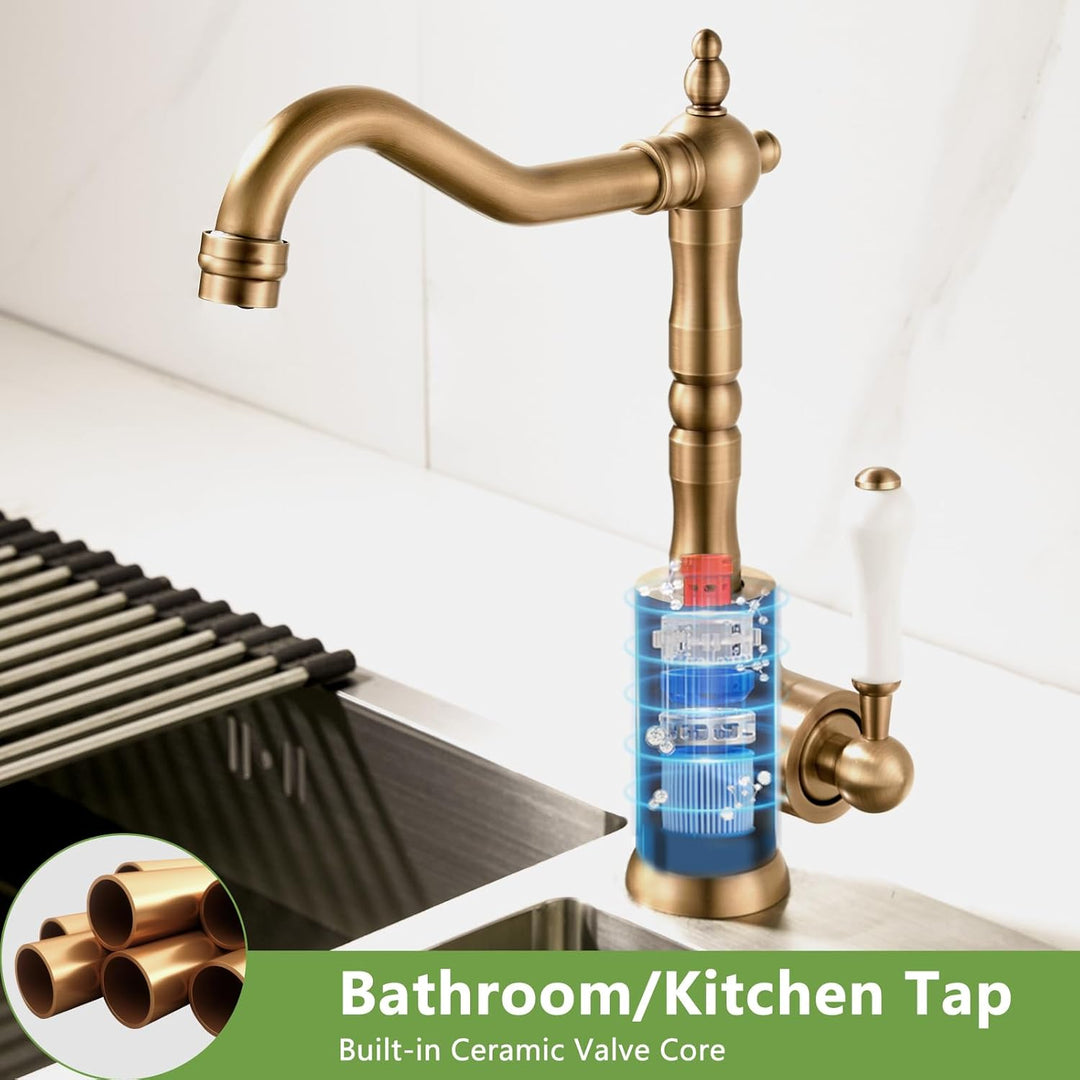 Wasserhahn Küche Antik, Wasserhahn Bad 360° Drehbar, Waschtisch Armaturen Badezimmer Gold Retro, Bad
