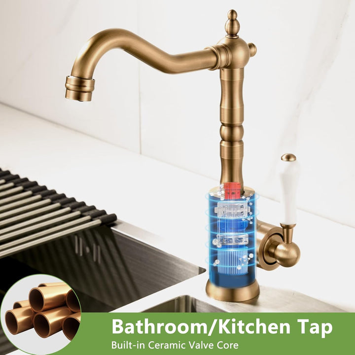Wasserhahn Küche Antik, Wasserhahn Bad 360° Drehbar, Waschtisch Armaturen Badezimmer Gold Retro, Bad
