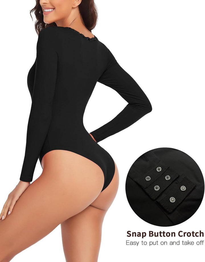 WOWENY Thermo Body Damen Langarm Elegant Langarmbody mit Spitze V-ausschnitt Fleece Bodysuit Warm Be