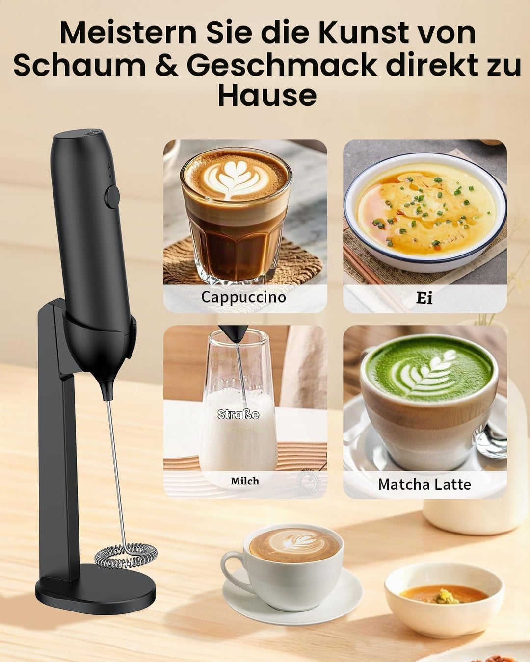 Pawfly Akku Milchaufschäumer Stab, Handschäumer mit Halter &amp; Edelstahlschneebesen, Elektrischer Scha