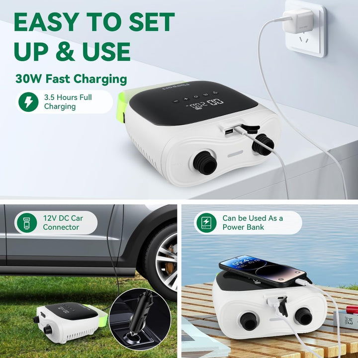 SUP Pumpe Elektrisch mit Akku, 20 PSI Hochdruck Luftpumpe, Wiederaufladbar, Auto-Off, 2-Stufen Infla