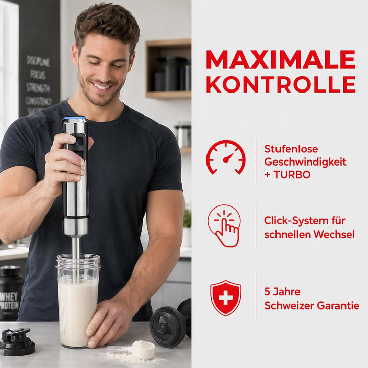 Trisa Stabmixer, 1200W, Edelstahl Pürierstab, Hand Blender mit 4-Klingen-Cutter, variable Geschwindi