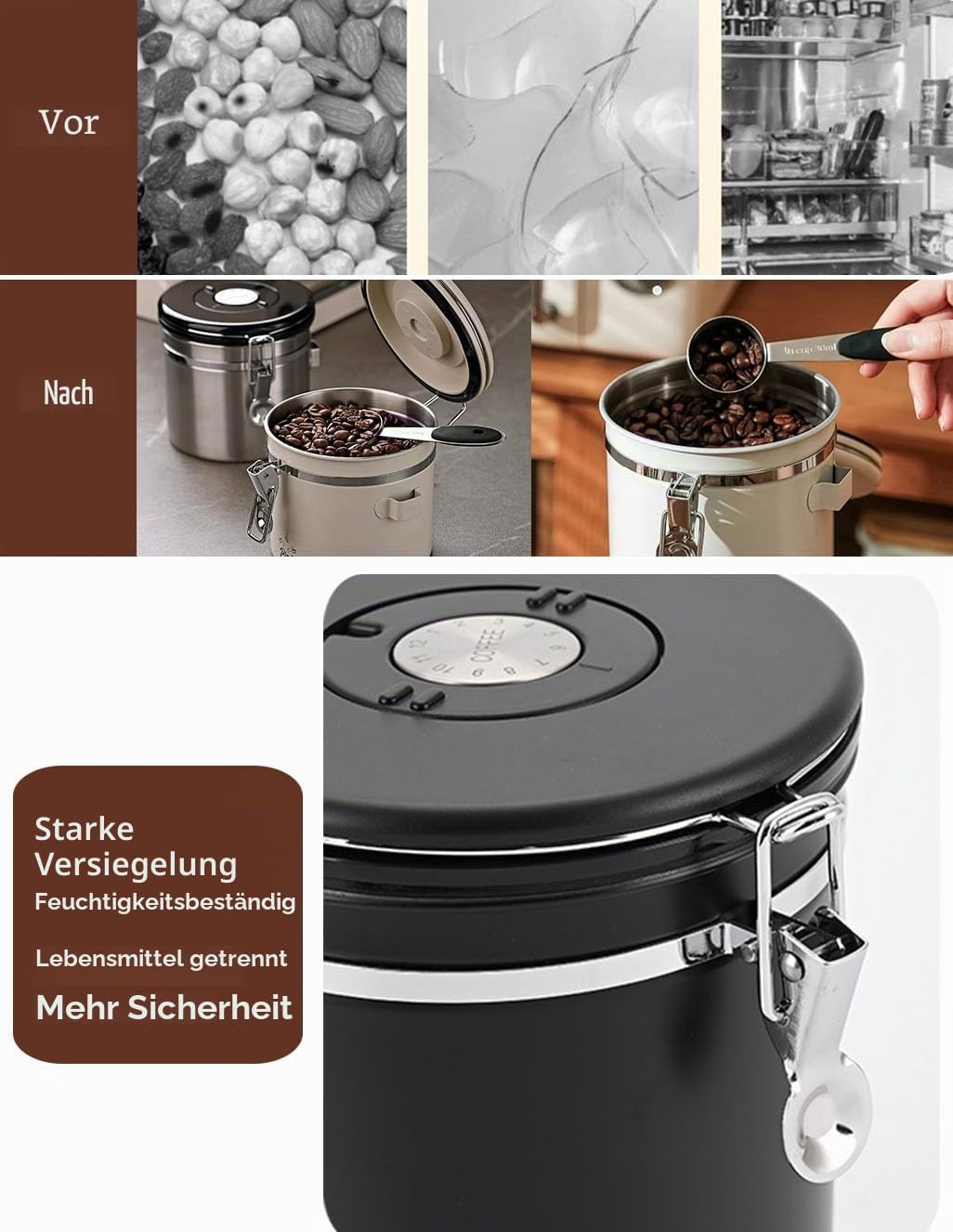 Luftdichte Edelstahl Kaffeedose, Vakuum Kaffeebehälter Kaffeebohnen Vorratsbehälter mit Datumsverfol