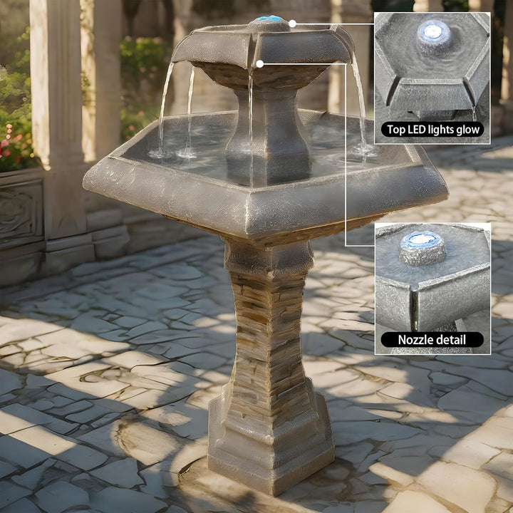 Köhko® Hexagon Eleganz Gartenbrunnen mit LED Beleuchtung, Wasserfall, Vogeltränke, Gartendeko, Sprin