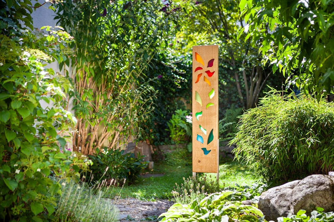 Gartenskulptur aus Holz und Glas. Gartendekoration als Unikate handgefertigt und wetterfest