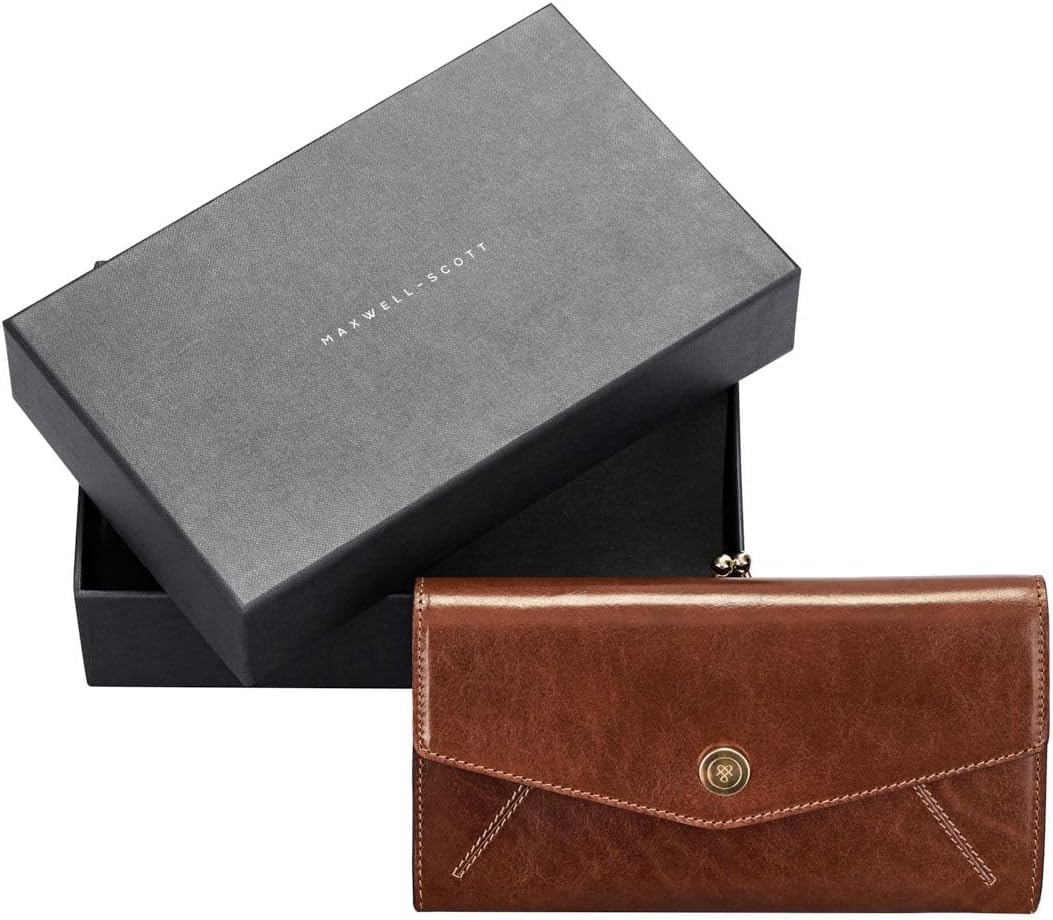 Maxwell Scott Damen Leder Geldbörse mit Bügelverschluss Marcialla in Cognac Braun, Cognac Braun