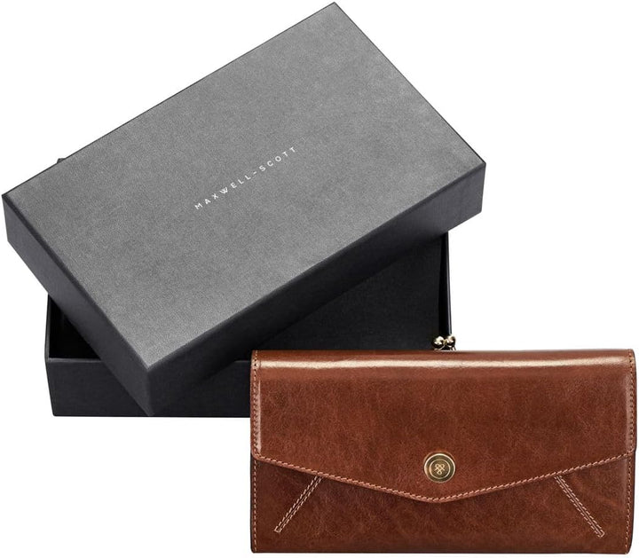 Maxwell Scott Damen Leder Geldbörse mit Bügelverschluss Marcialla in Cognac Braun, Cognac Braun