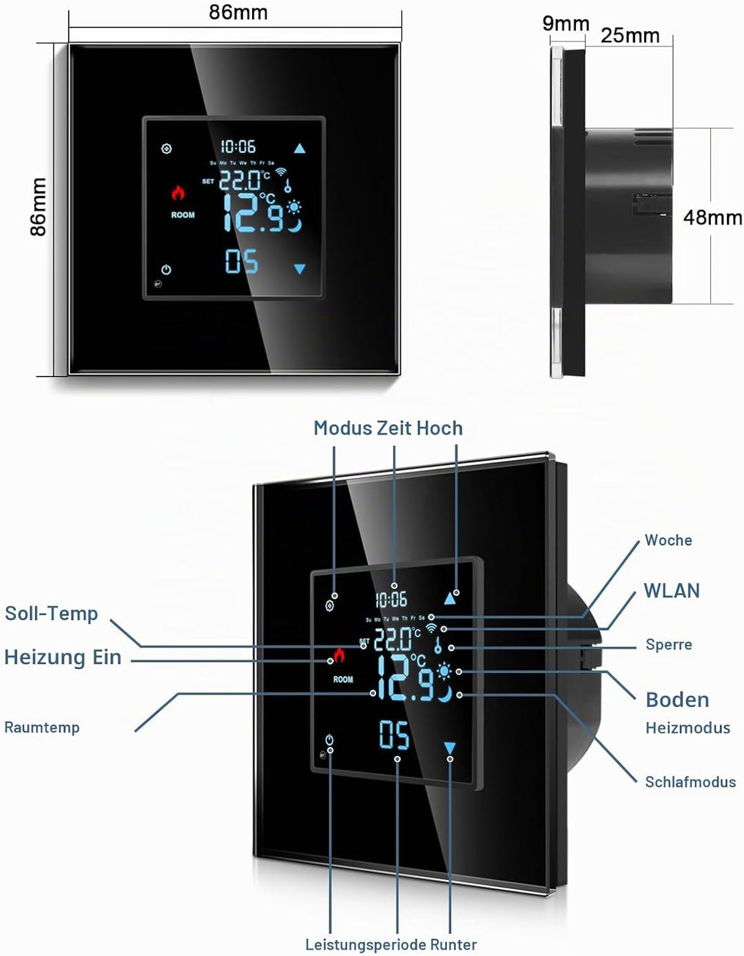 CNBINGO Smart Thermostat Unterputz mit Fühler, Digitaler Raumthermostat für Wasser Fussbodenheizunge