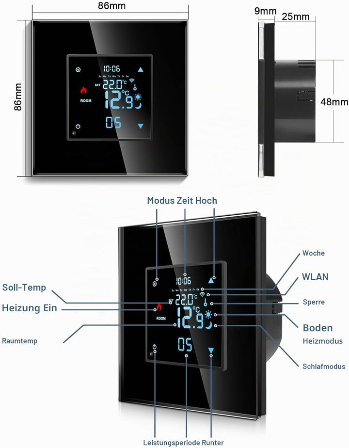 CNBINGO Smart Thermostat Unterputz mit Fühler, Digitaler Raumthermostat für Wasser Fussbodenheizunge