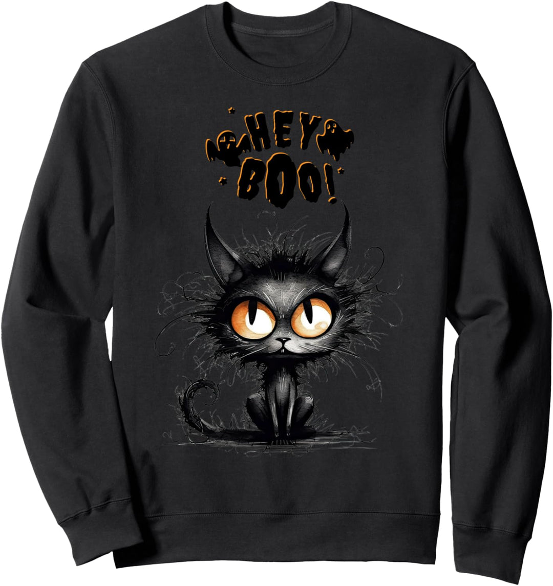 Hey Boo Black Cat Ghost Halloween Sweatshirt