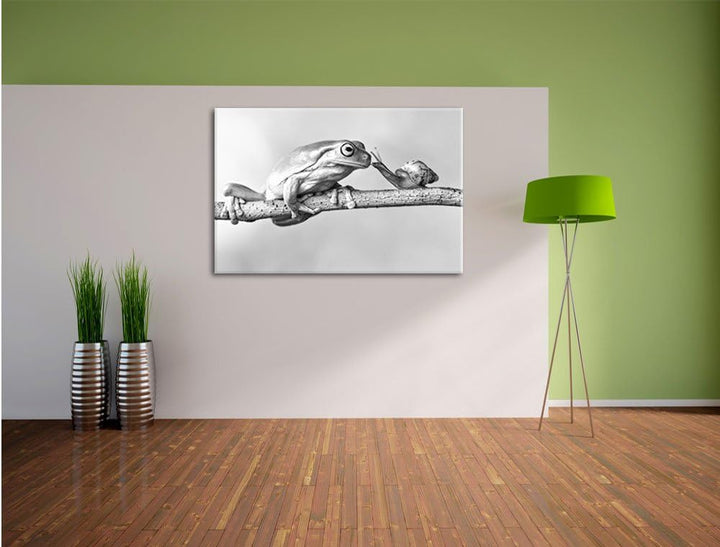 Pixxprint Frosch und die Schnecke als Leinwandbild/Grösse: 100x70 cm/Wandbild/Kunstdruck/fertig besp