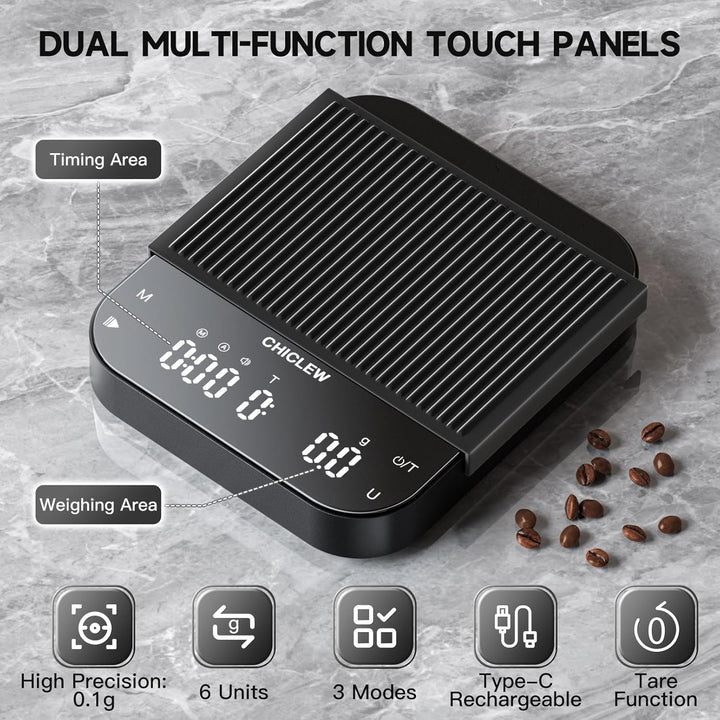 Wiederaufladbare Kaffeewaage mit Timer, 3 kg/0,1g Espresso Waage für Pour-Over Kaffee, 3 Modi & 6 Ei