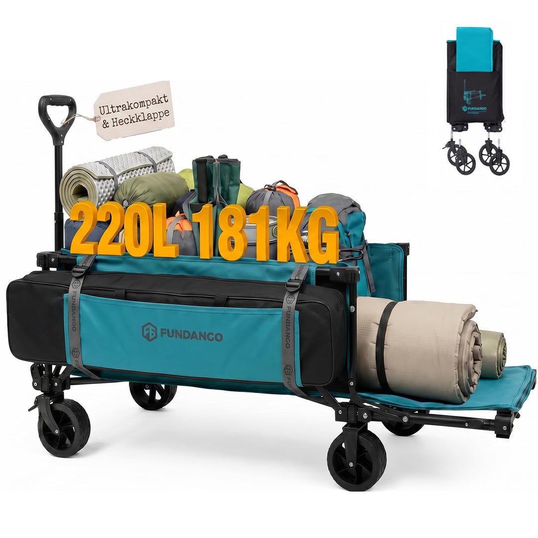 FUNDANGO XXL Bollerwagen Faltbar 180KG 200L mit Heckklappe, 114CM Extra Lang, Kompakt Zusammenklappb