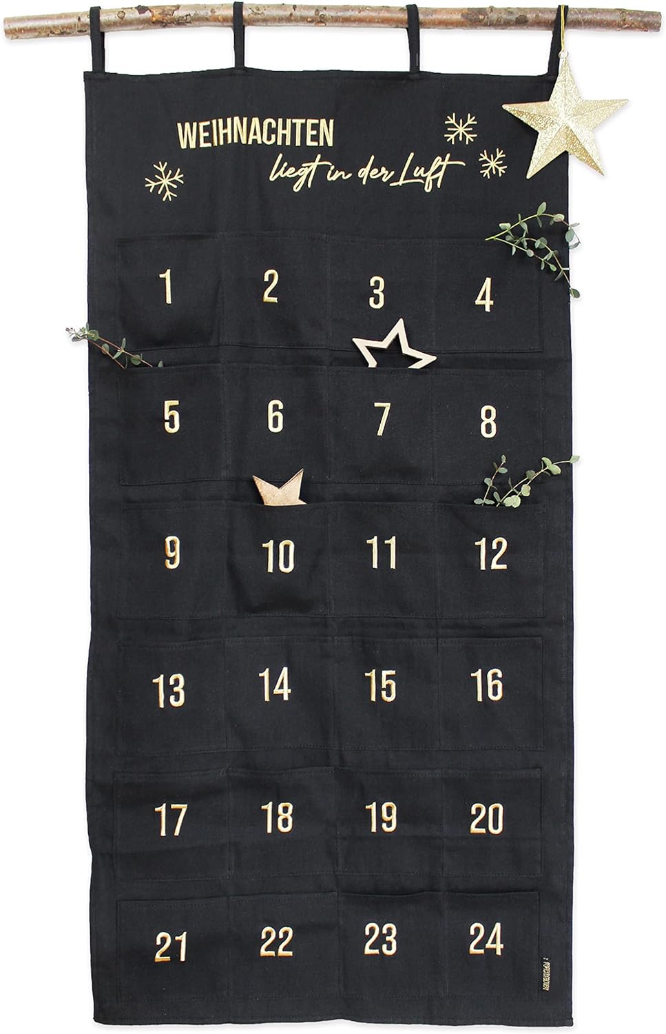 Papierdrachen Adventskalender 2023 als Wandkalender aus Stoff zum Befüllen - schwarz & gold - hochwe