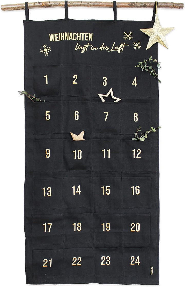 Papierdrachen Adventskalender 2023 als Wandkalender aus Stoff zum Befüllen - schwarz & gold - hochwe