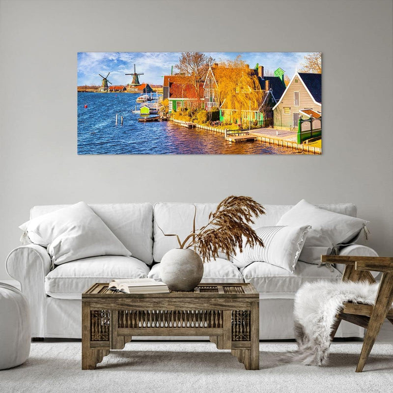 Wandbilder Dekoration Wohnzimmer Landschaft Windmühle Wasser Dorf Panorama Bilder auf Leinwand 120x5