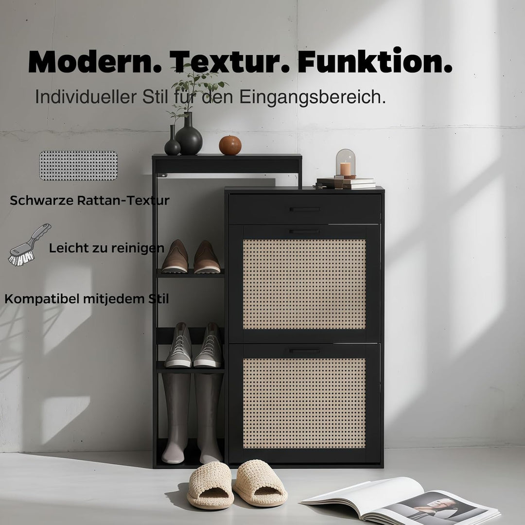 Schuhschrank schmal schwarz mit Schublade & Rattan-Dekor – eleganter Schuhkipper schwarz für Flur &