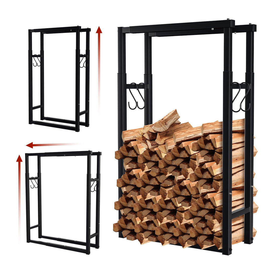 Verstellbare Kaminholzregal, 9 Grössen Einstellbar, Brennholz Holzhalter mit 4 Haken, Kaminholzständ