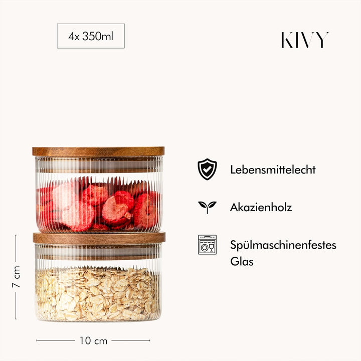 KIVY Riffel Vorratsgläser mit Deckel - 4 x 350ml - Kleine Vorratsdosen mit Akaziendeckel - Vorratsdo
