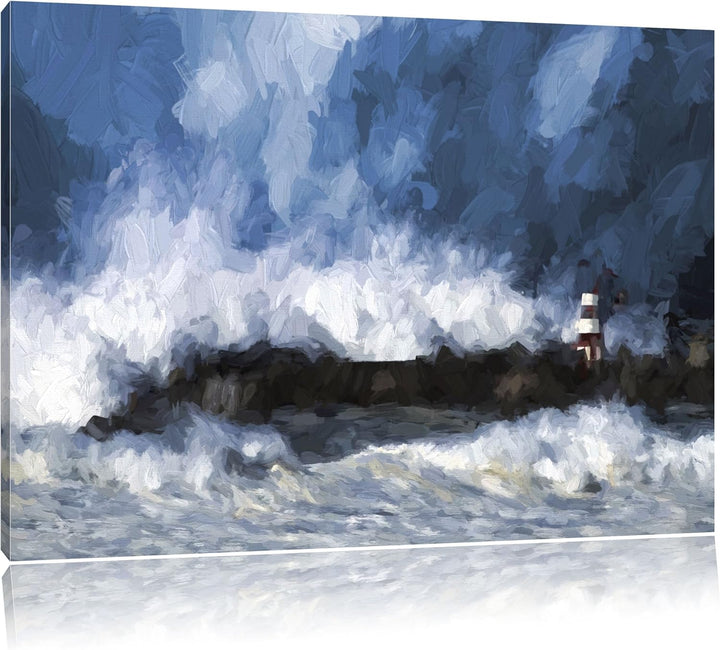 Pixxprint Tobendes Meer mit Leuchtturm Pinsel Effekt, Format: 100x70 auf Leinwand, XXL riesige Bilde