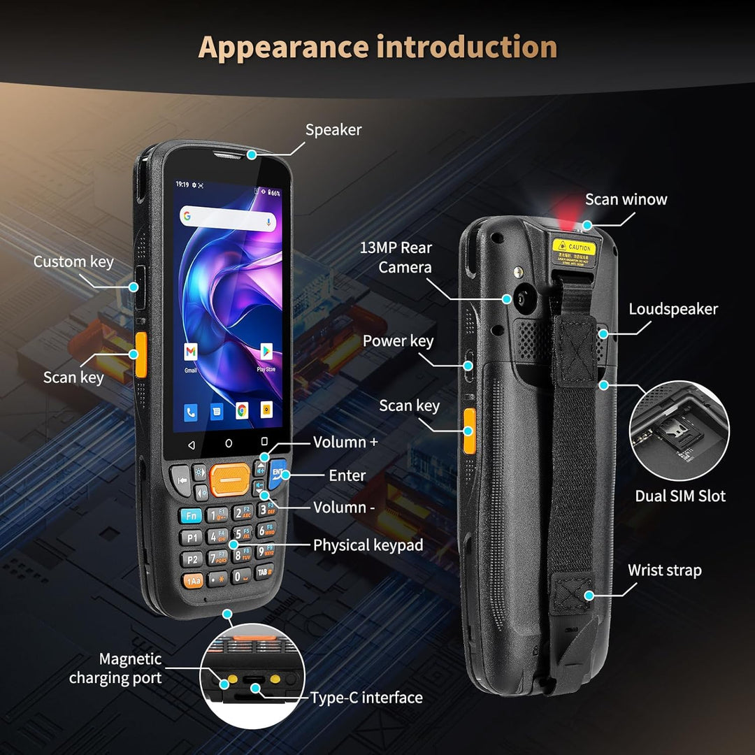 NETUM Android 11 Hand-Barcode-Scanner Q500, 4 + 64 GB mobiler Computer, Honeywell HS7 1D 2D Barcode-