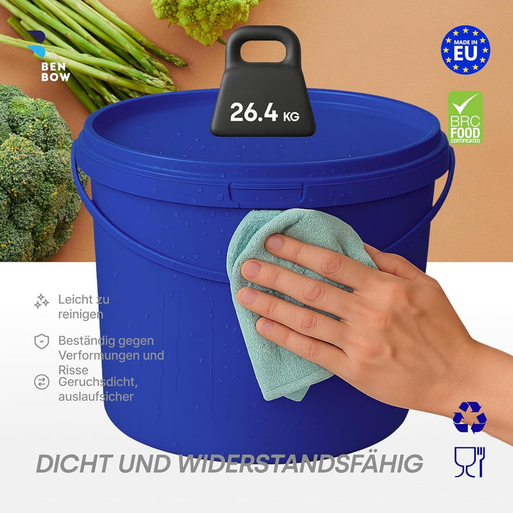 BenBow Eimer mit Deckel 10l blau 20x 10 Liter - lebensmittelecht, stabil, luftdicht, auslaufsicher,