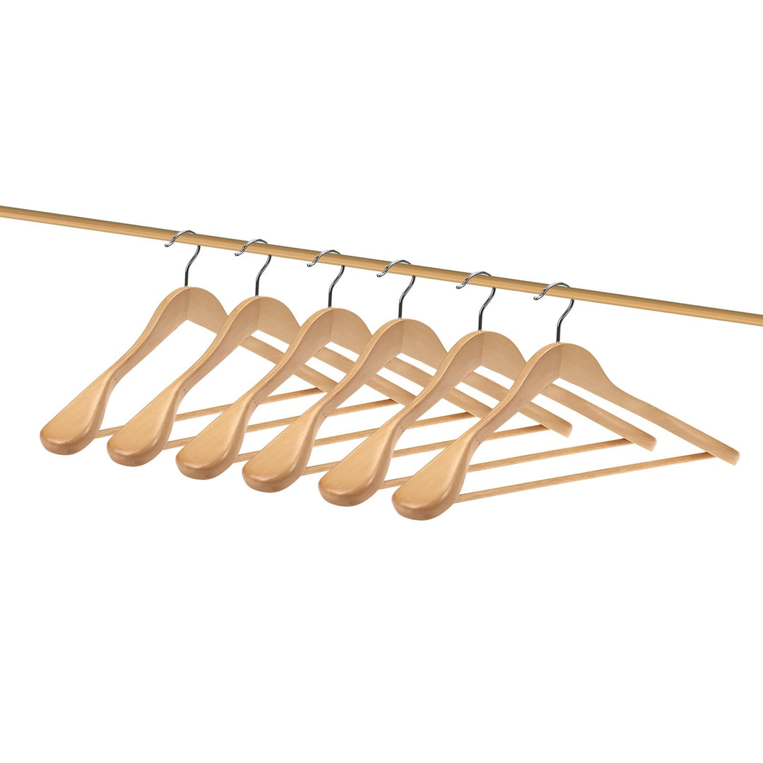 Kleiderbügel Holz 6 Stück – Breite Schulterbügel aus Naturholz, rutschfest &amp; Stabil mit Hosenstange