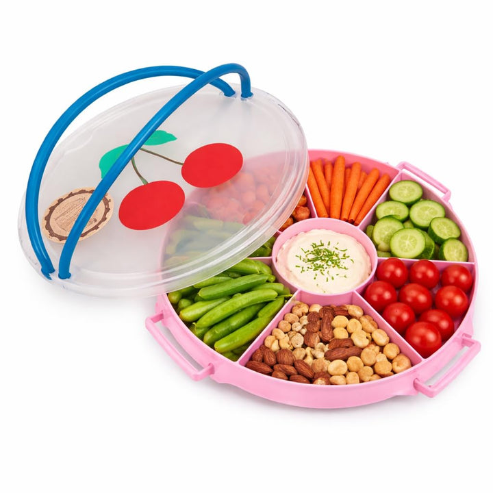 Rice Serviertablett rund Ø 32 cm mit Deckel & Tragegriff – Snack- & Partyplatte mit Fächern, BPA-fre