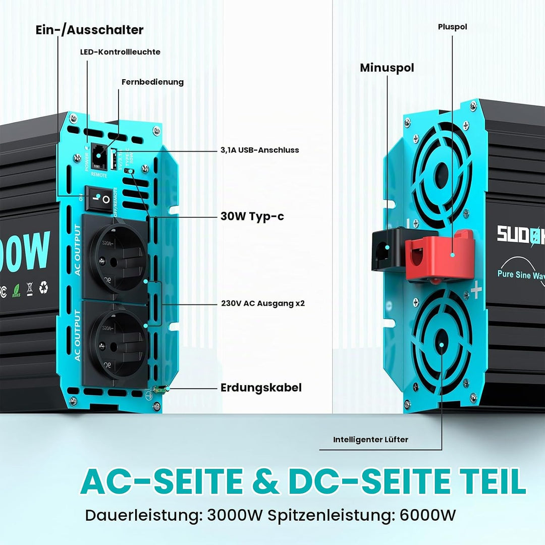 SUDOKEJI 3000W/6000W Wechselrichter Reiner Sinus Spannungswandler 12v auf 230v Power Inverter mit LC