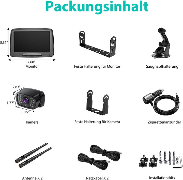 eRapta 7'' LCD Kabellose Digital Rückfahrkamera Set, mit eingebautem Funksender, Wireless Einparkhil