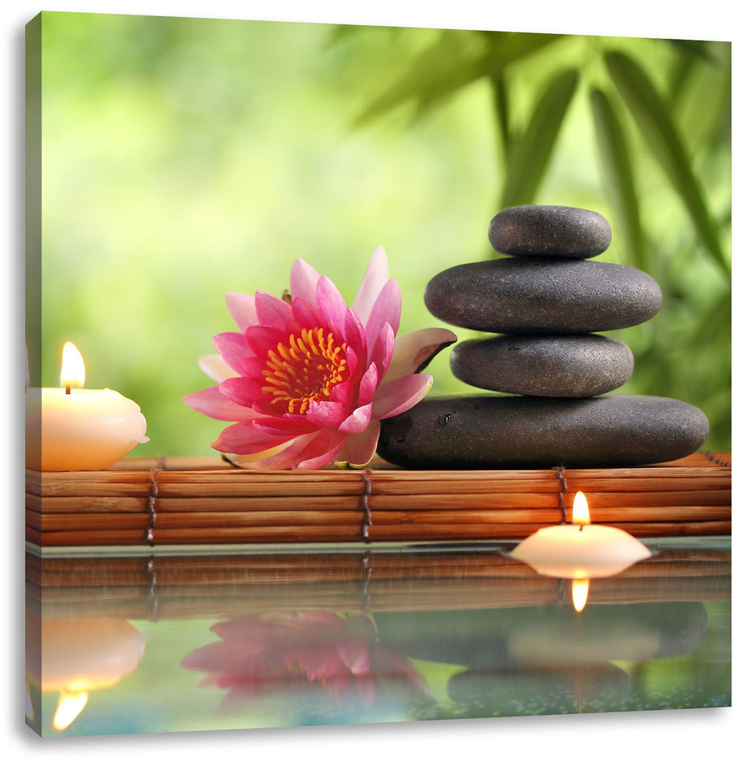 Pixxprint Seerose mit Zen Steinen im Tempel als Leinwandbild/Grösse: 70x70 cm/Wandbild/Kunstdruck/fe