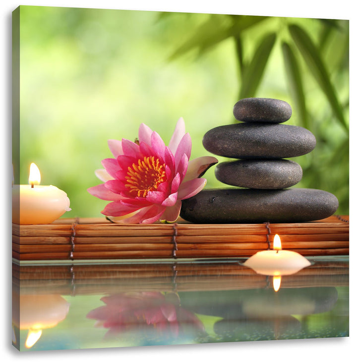 Pixxprint Seerose mit Zen Steinen im Tempel als Leinwandbild/Grösse: 70x70 cm/Wandbild/Kunstdruck/fe