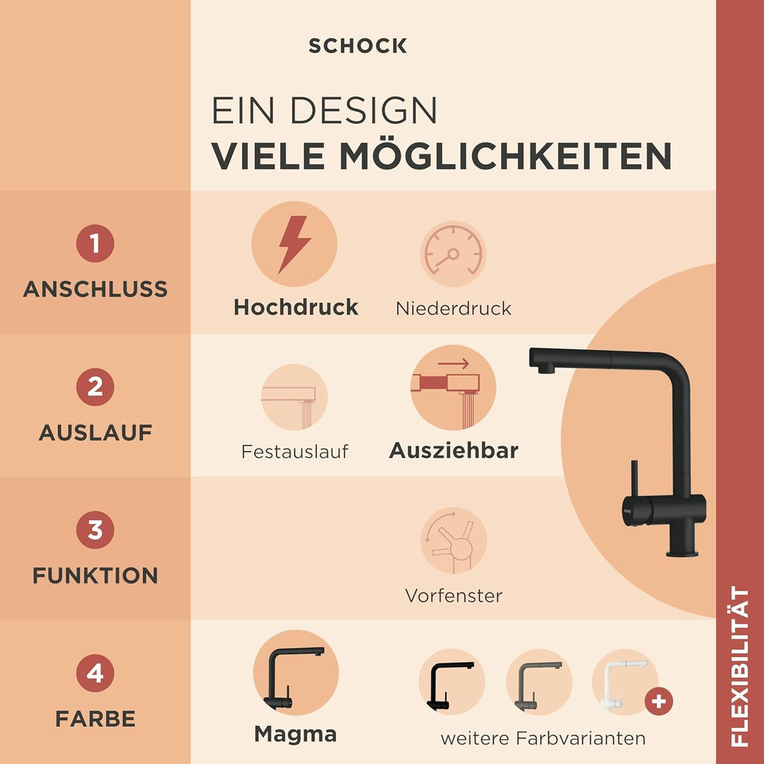 SCHOCK Küchenarmatur Epos Magma – schwarze hochdruck Armatur mit ausziehbarer Schlauchbrause und Sta