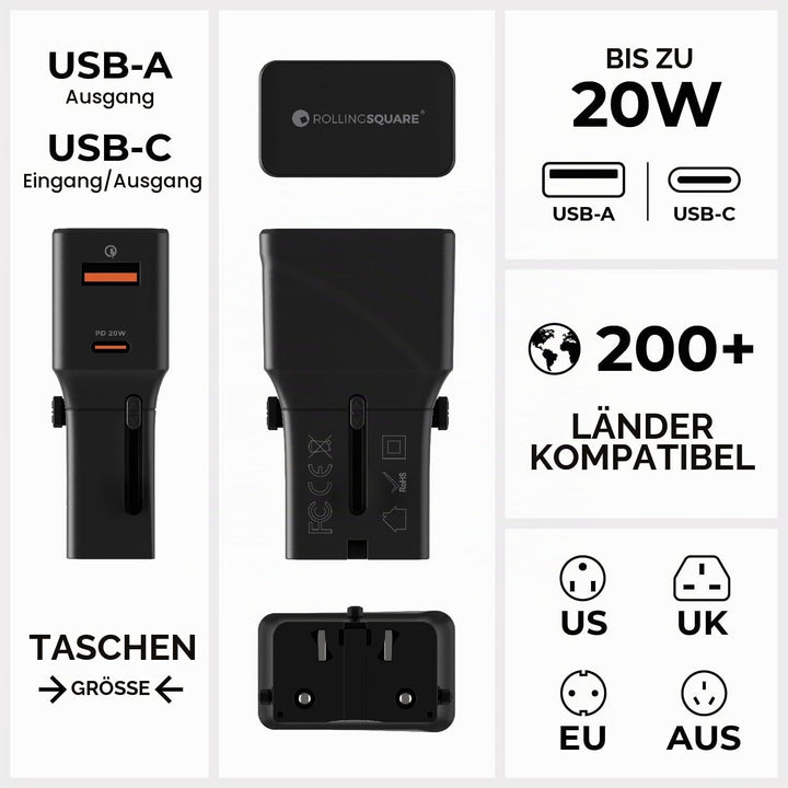 Rolling Square Pocket Travel Charger – Universal-Ladeadapter mit USB-C und USB-A Buchse, perfekt für