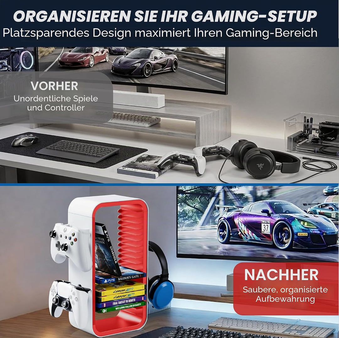 Universal Games Storage Tower Pro - Bis zu 18 Spiele - Mit Controller Halterung für bis zu 4 Gamepad