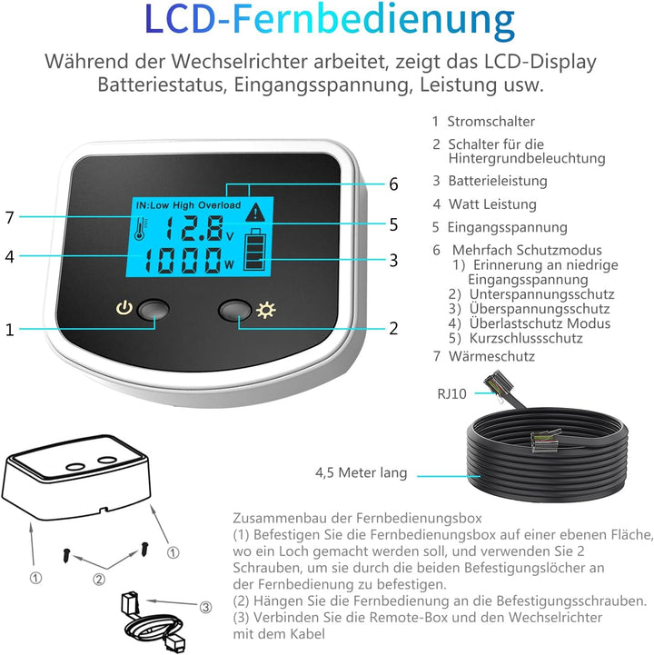 GIANDEL 1000W Wechselrichter Reiner Sinus 12V auf 230V KFZ Spannungswandler Power Inverter mit LCD-B